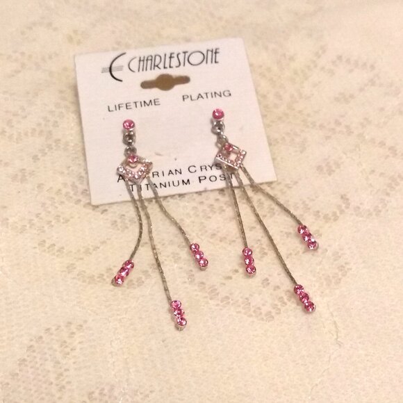 NEW Silver Plated Pink Crystal Long Drop Dangle Earrings Jewelry Gifts - Picture 5 of 7